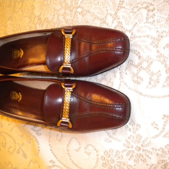 Vintage 70s GUCCI Chunk Heel Loafers Gold Braded EU 38 Burgundy/Brown - Picture 1 of 6